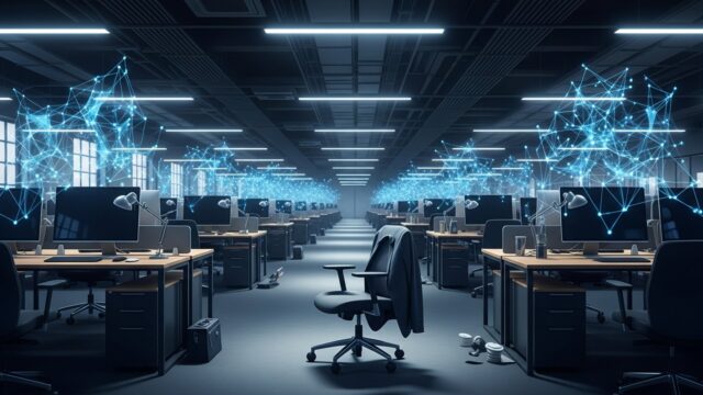 Scena foto-giornalistica: ufficio vuoto, giacca dimenticata. Le reti neurali prendono il controllo dei desk.