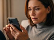 Memoria del telefono piena: la guida che salva foto e video Donna con espressione preoccupata guarda lo smartphone a causa della notifica di memoria piena