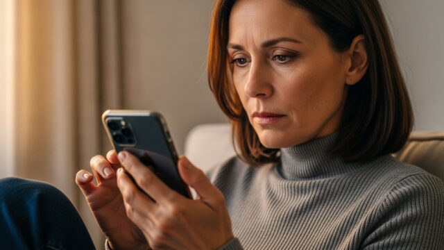 Donna con espressione preoccupata guarda lo smartphone a causa della notifica di memoria piena