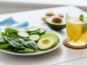 Gennaio detox: il menù di 7 giorni per sgonfiare e depurarsi dopo le feste di Natale Piatto di verdure fresche e tisana depurativa, simbolo del menù detox di 7 giorni a gennaio.