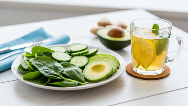 Piatto di verdure fresche e tisana depurativa, simbolo del menù detox di 7 giorni a gennaio.