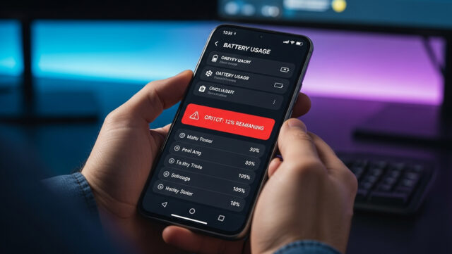 Mani che tengono uno smartphone visualizzando il menu Utilizzo Batteria con avviso di consumo critico e lista app energivore.