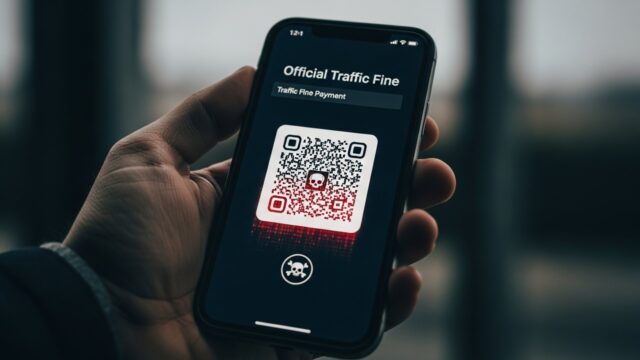 Schermo smartphone con finto QR code di multa stradale e segnali di truffa digitale.