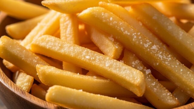 Patatine fritte dorate e croccanti cotte in friggitrice ad aria, con sale grosso su carta da forno.