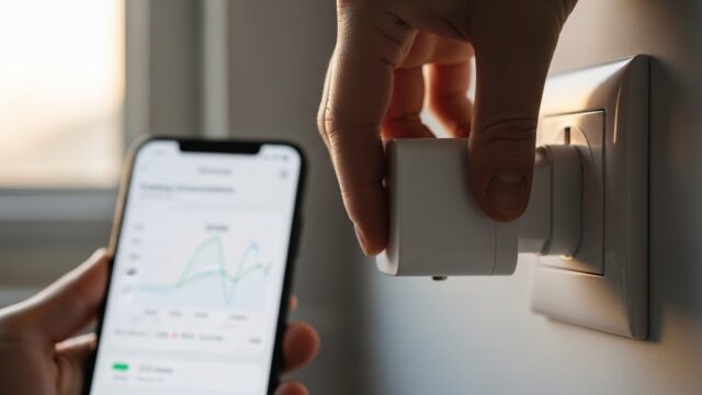 Mano che collega una presa smart a muro monitorando i consumi su uno smartphone.