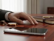 Privacy come lusso: perché non postare nulla è il nuovo status symbol Primo piano di una mano elegante appoggiata su una scrivania in mogano accanto a un diario in pelle e un orologio d'epoca. Uno smartphone moderno di lusso è visibile ma capovolto e ignorato, simboleggiando la scelta consapevole della privacy e il lusso della disconnessione. Luce naturale morbida e diffusa che evoca tranquillità.