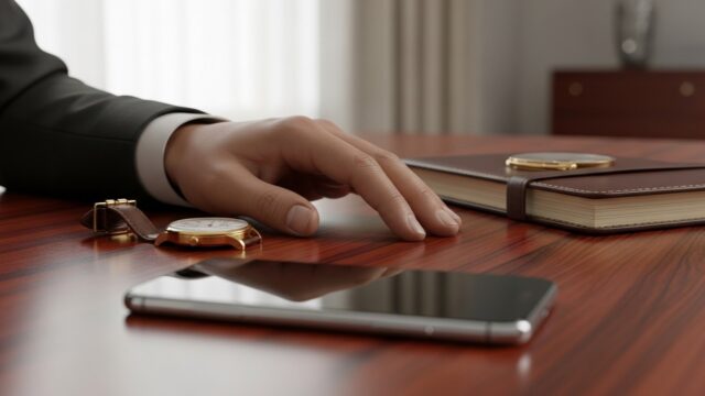 Primo piano di una mano elegante appoggiata su una scrivania in mogano accanto a un diario in pelle e un orologio d'epoca. Uno smartphone moderno di lusso è visibile ma capovolto e ignorato, simboleggiando la scelta consapevole della privacy e il lusso della disconnessione. Luce naturale morbida e diffusa che evoca tranquillità.