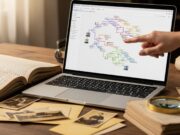 Risalire ai propri antenati: le prime mosse sui portali di genealogia Schermo di laptop che mostra un albero genealogico digitale affiancato da vecchie foto e registri.