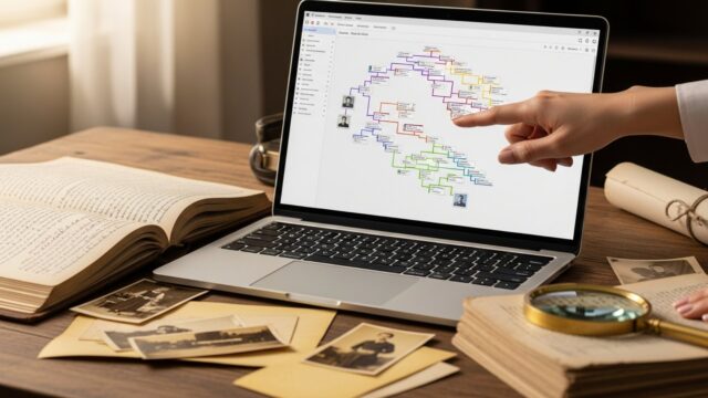 Schermo di laptop che mostra un albero genealogico digitale affiancato da vecchie foto e registri.