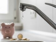 Spreco d’acqua: 3 interventi tecnici e 5 abitudini che ti faranno risparmiare da domani Rubinetto moderno con goccia d'acqua e salvadanaio a forma di porcellino con monete per simboleggiare il risparmio idrico domestico.