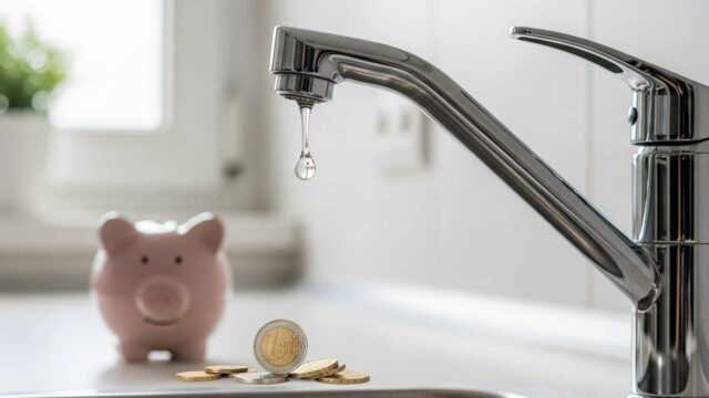 Rubinetto moderno con goccia d'acqua e salvadanaio a forma di porcellino con monete per simboleggiare il risparmio idrico domestico.