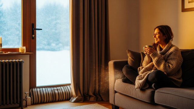 Donna sorridente su un divano in un salotto caldo con tenda pesante e paraspifferi alla porta finestra in inverno.