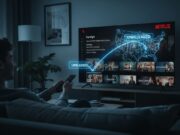 Come sbloccare il catalogo segreto di Netflix e Prime video (e vedere film non disponibili in Italia) Una persona seduta su un divano in una stanza poco illuminata guarda con entusiasmo una Smart TV 4K che mostra il catalogo di Netflix USA, sbloccato tramite VPN, con titoli di film non disponibili in Italia.
