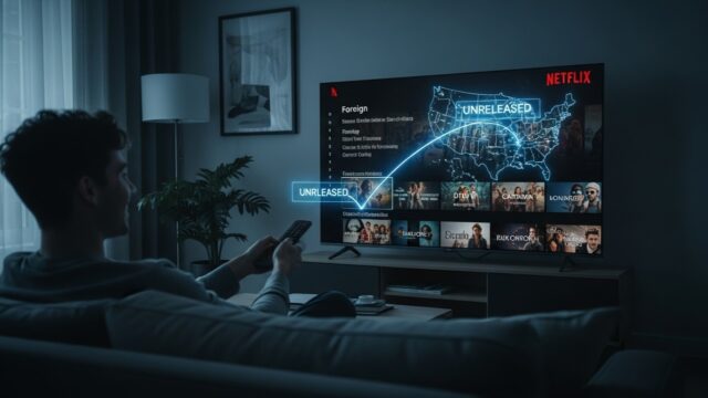 Una persona seduta su un divano in una stanza poco illuminata guarda con entusiasmo una Smart TV 4K che mostra il catalogo di Netflix USA, sbloccato tramite VPN, con titoli di film non disponibili in Italia.