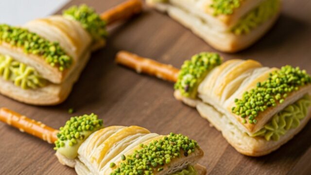 Scenografica scope della befana di pasta sfoglia, farcita con crema al pistacchio e manico di pretzel salato.