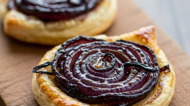 Sfogliatine rovesciate caramellate con cipolle rosse e miele, appena sfornate, su un tagliere rustico.