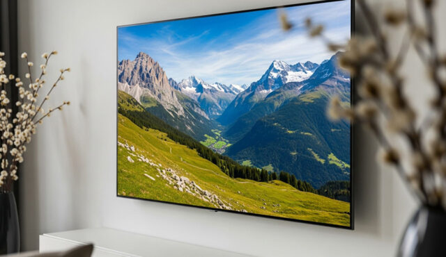 Una moderna Smart TV a schermo piatto montata a parete che mostra un vibrante paesaggio di montagna in un salotto minimalista.