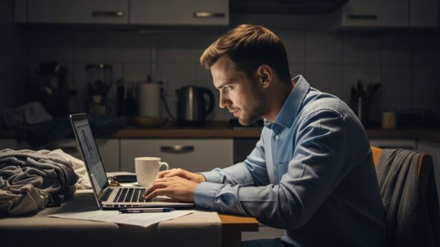 Professionista esausto lavora al laptop in un ambiente domestico disordinato e scuro.