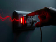 La spia rossa che ti svuota il conto: ecco quali prese staccare prima di dormire Primo piano ultra-realistico e cinematico di una ciabatta elettrica in una stanza immersa nell'oscurità notturna. La spia LED rossa di standby è accesa con intensità, simboleggiando la dispersione di energia non necessaria. Una mano è visibile mentre sta per disattivare l'interruttore principale, interrompendo il flusso.