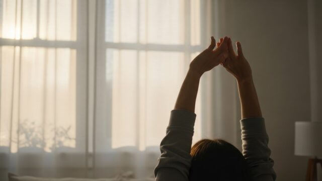 Primo piano ultra-realistico di una persona serena che si allunga, risvegliata naturalmente dal proprio ritmo biologico. La luce dorata e diffusa del sole di metà mattina (circa le 10:00) filtra attraverso le tende di lino, creando un'atmosfera di calma e riposo ottimale.