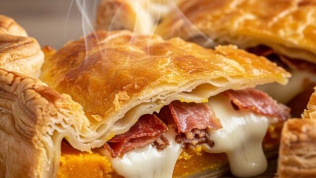 Fetta di torta salata con zucca, speck croccante e scamorza filante su tagliere di legno. pronto da mangiare.