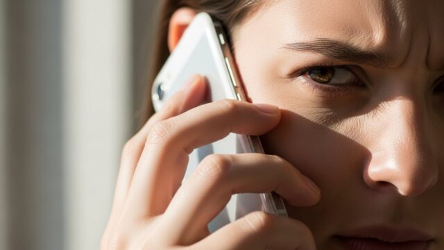 Persona che ascolta al telefono con aria tesa, analizzando la voce clonata.