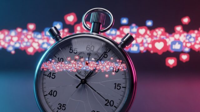Cronometro vintage con lancette sfocate che riflette un'onda di notifiche social in rapida crescita.
