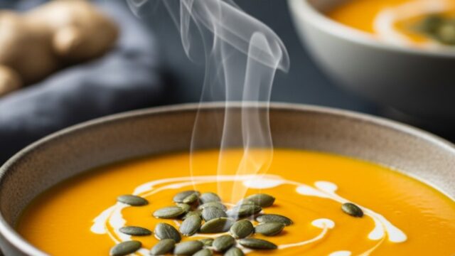 Ciotola di vellutata detox di carote, zenzero e curcuma, cremosa e calda, guarnita con semi croccanti.