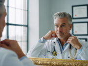 La deriva delle virostar: dai bollettini Covid ai tutorial su come farsi il bidet Medico in camice bianco si guarda compiaciuto allo specchio sistemandosi il colletto: rappresentazione satirica della vanità delle virostar e dei medici influencer.