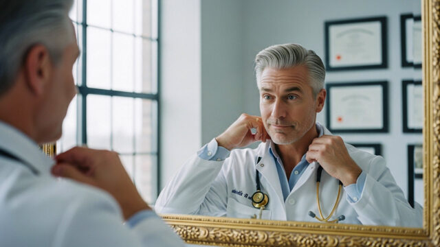 Medico in camice bianco si guarda compiaciuto allo specchio sistemandosi il colletto: rappresentazione satirica della vanità delle virostar e dei medici influencer.