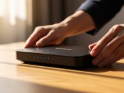 Wi-Fi lento in certe stanze: la guida definitiva per eliminare le “zone morte Router Wi-Fi posizionato strategicamente su una scrivania con un laptop.