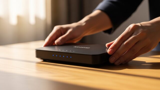 Router Wi-Fi posizionato strategicamente su una scrivania con un laptop.
