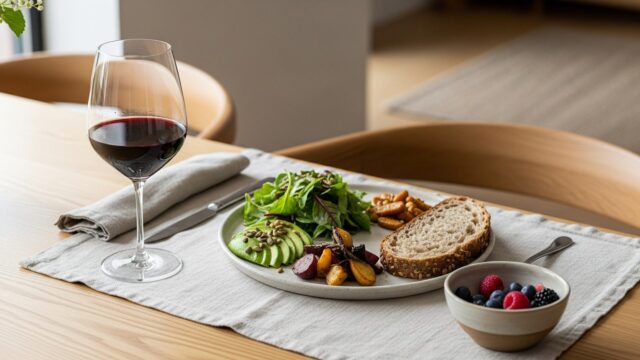 Tavola elegante e rilassante con un calice di vino e cibi sani illuminata dalla luce naturale.