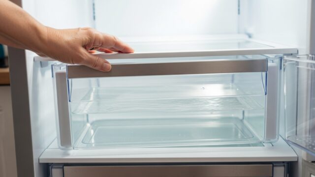 Pozzanghera d'acqua trasparente sotto il cassetto della verdura di un frigorifero aperto da una mano.
