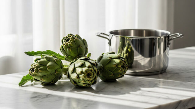 Carciofi freschi su un piano in marmo accanto a una pentola in acciaio inossidabile