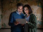 Case Classe G: la svalutazione immediata che brucia i risparmi di chi compra Coppia preoccupata in un appartamento da ristrutturare mentre consulta i dati sulla svalutazione delle case in classe G su un tablet.