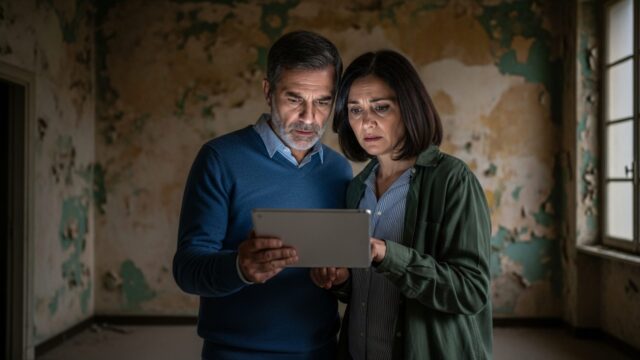 Coppia preoccupata in un appartamento da ristrutturare mentre consulta i dati sulla svalutazione delle case in classe G su un tablet.