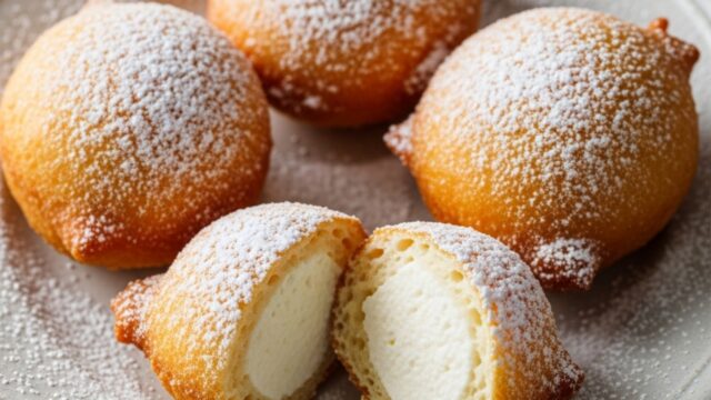 Castagnole alla ricotta ripiene, fritte, cosparse di zucchero a velo, perfette come dolce di Carnevale.