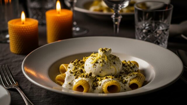 Dettaglio di un piatto di pasta gourmet con crema di burrata e pistacchi a lume di candela su tavola elegante.