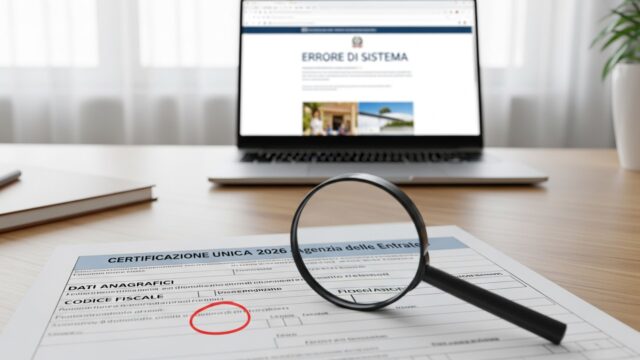 Documento fiscale italiano Certificazione Unica 2026 con lente di ingrandimento che evidenzia un errore nel codice fiscale