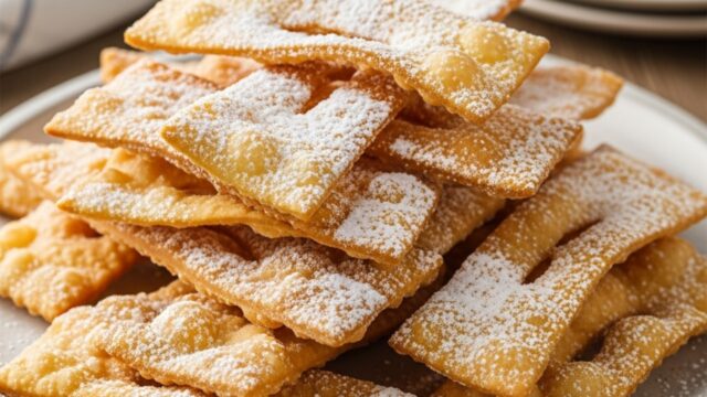 Croccanti chiacchiere di Carnevale dorate, disposte su piatto rustico, cosparse di zucchero a velo.