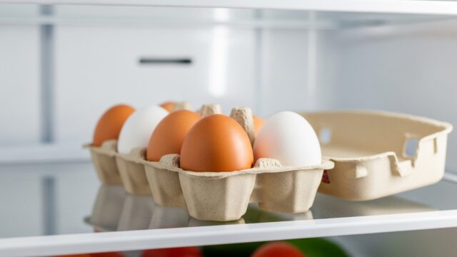 Uova fresche in un cartone ecosostenibile sul ripiano centrale del frigorifero