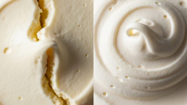 Confronto visivo tra crema tiramisù slegata e grumosa (lucida) e quella montata perfettamente (opaca, ferma).