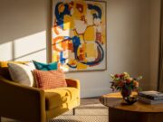 Addio minimalismo: il trend casa che allontana lo stress Salotto elegante con poltrona in velluto giallo e dettagli colorati in stile dopamine decor