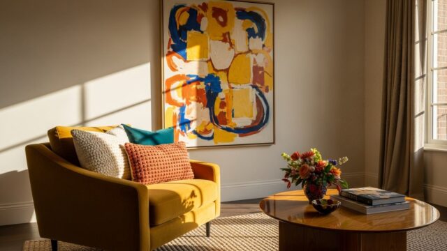 Salotto elegante con poltrona in velluto giallo e dettagli colorati in stile dopamine decor