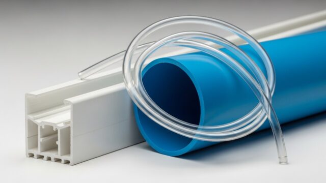 Esempi di estrusi in PVC: profilo bianco per serramenti, tubazione industriale blu e tubo flessibile trasparente per settore medicale.
