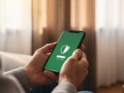 Smetti di usare i post-it: ecco come proteggere le tue password senza impazzire Mani di una persona matura che tengono uno smartphone con una schermata di login sicuro e un'icona di scudo verde.