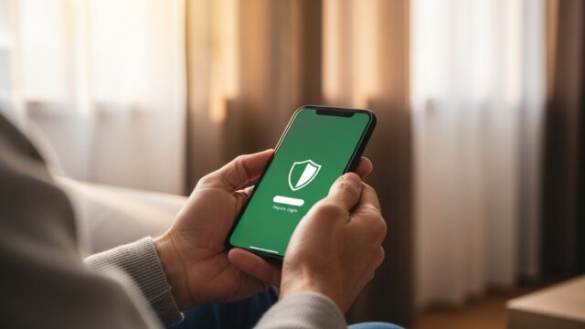 Mani di una persona matura che tengono uno smartphone con una schermata di login sicuro e un'icona di scudo verde.