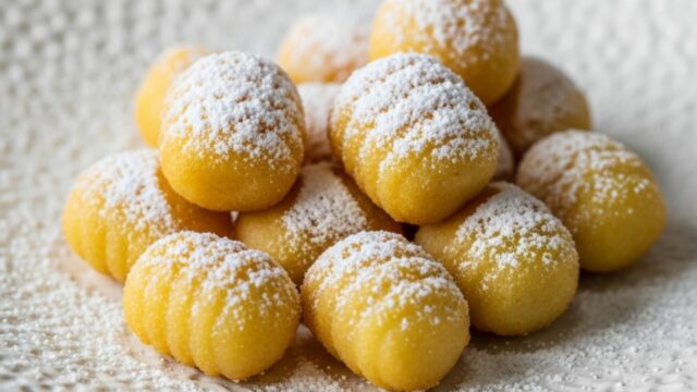 Gnocchi dolci di Carnevale croccanti, cotti in friggitrice ad aria, serviti con una pioggia di zucchero a velo.