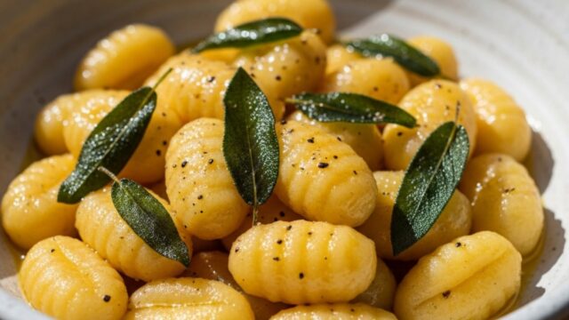 Gnocchi di patate freschi serviti in un piatto di ceramica con abbondante burro fuso dorato e foglie di salvia croccante.